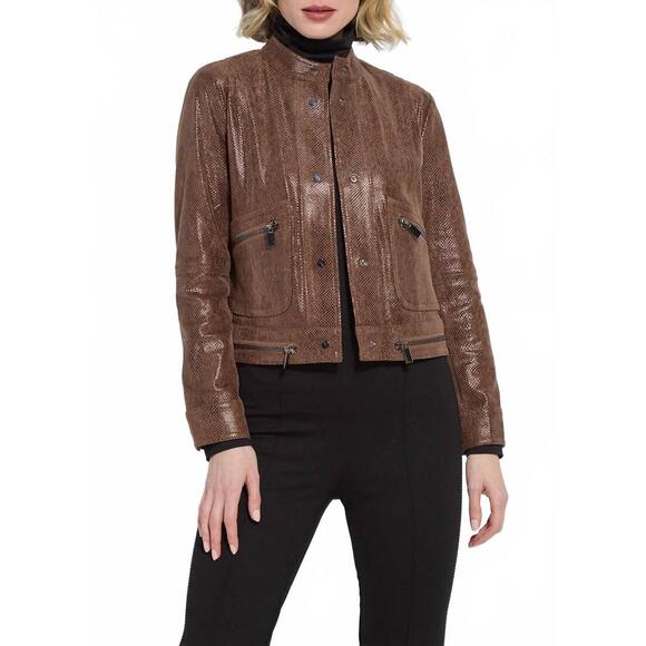 NEW LYSSE porter foil vegan suede moto jacket in robust brown snake